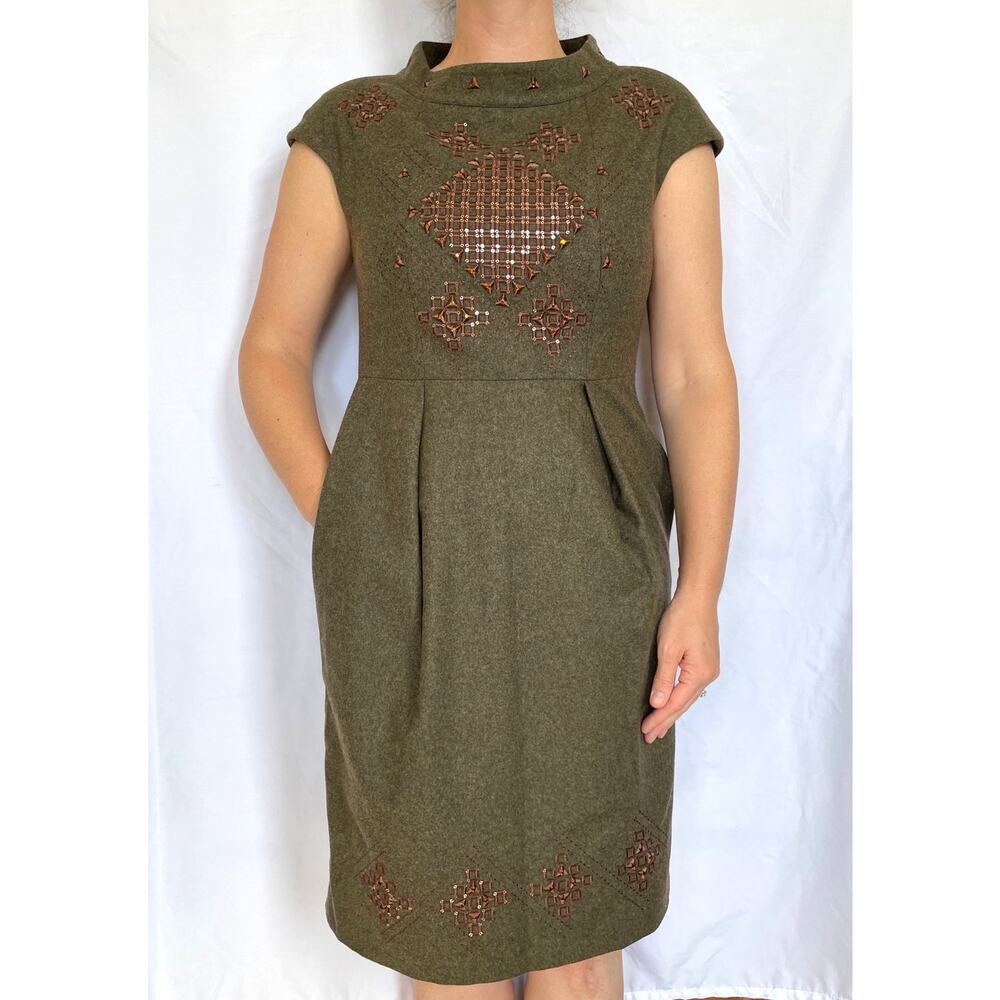 Max Mara Studio Green Brown Wool Studio Sheath Dress Mod Retro, 10